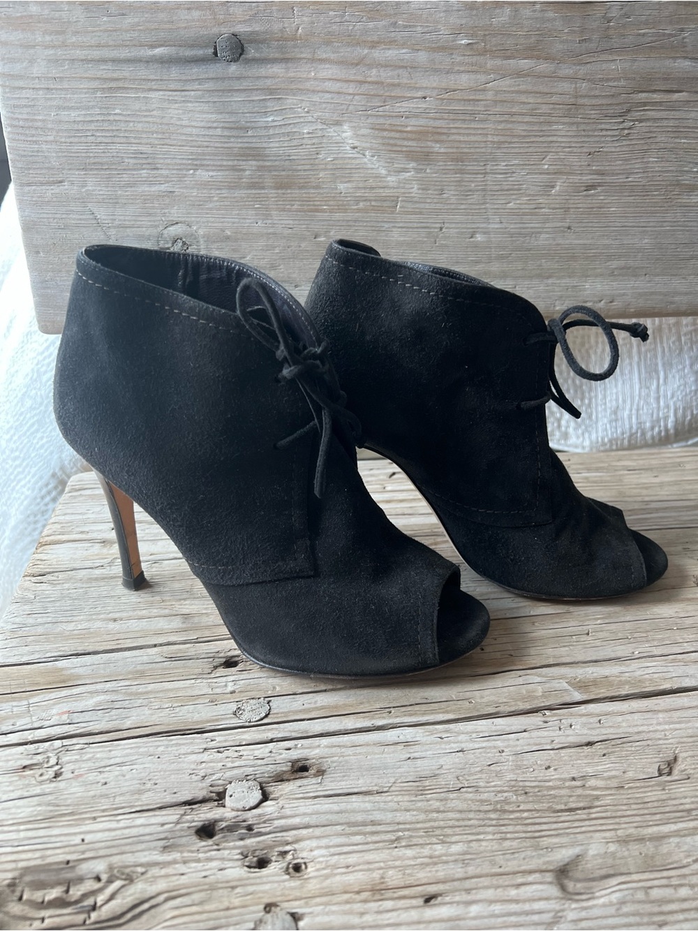 Women’s chocolate brownSuede Peep-Toe Lace-Up Ankle Booties